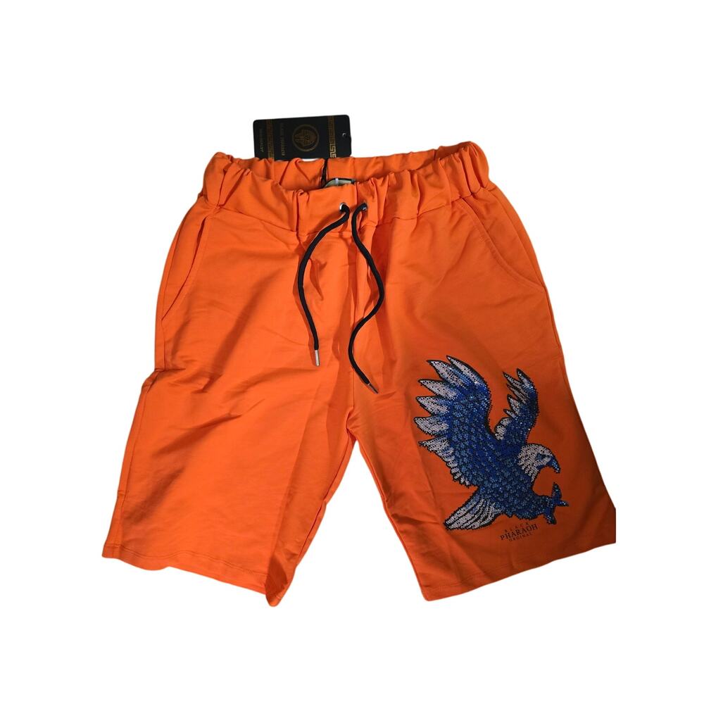 Black Pharaoh Men's L Orange Rhinestone Eagle Sweat Shorts Streetwear NWT NEW